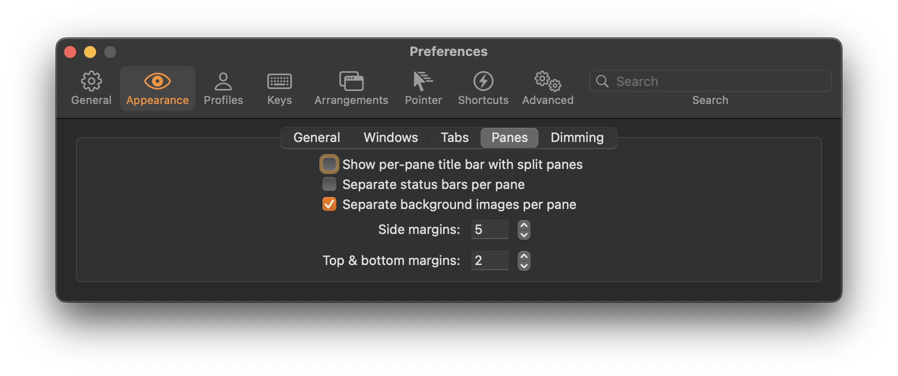 Screenshot of the preferences window