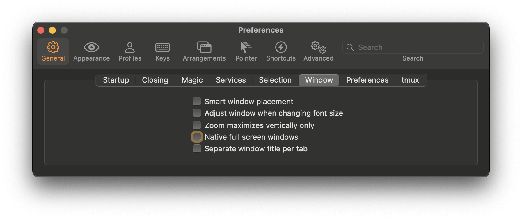 Full screen Preferences screenshot