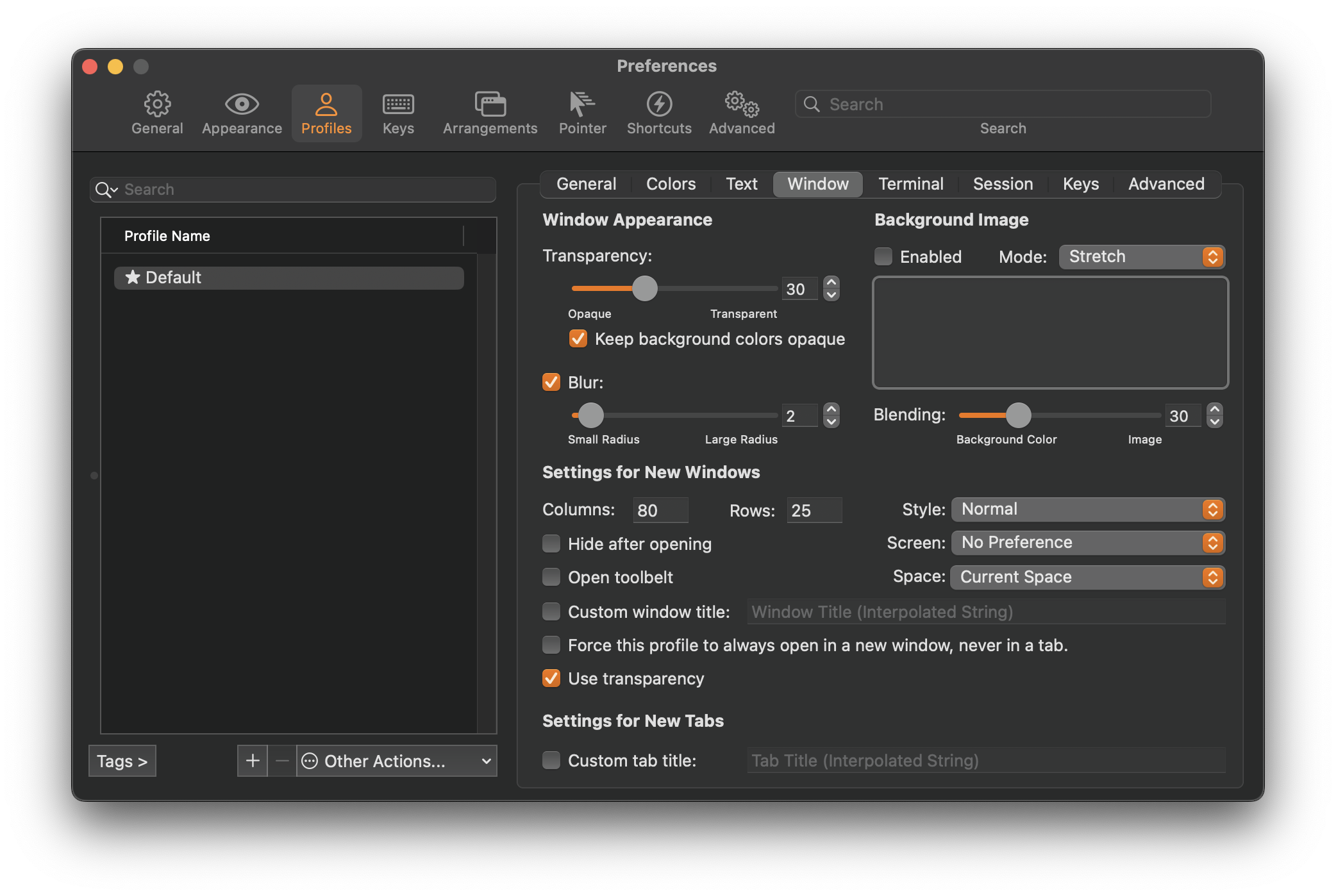 Transparency Preferences screenshot